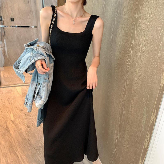 binfenxie-shop outfit inspo fall Black Suspender Skirt Bottoming Knitted Sling Dress Vest Skirt for Women New Slim Slimming Midi Dress