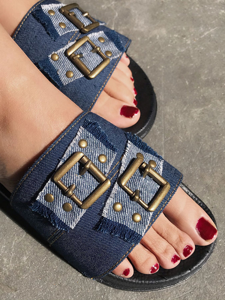 Denim Studded Buckle Slippers