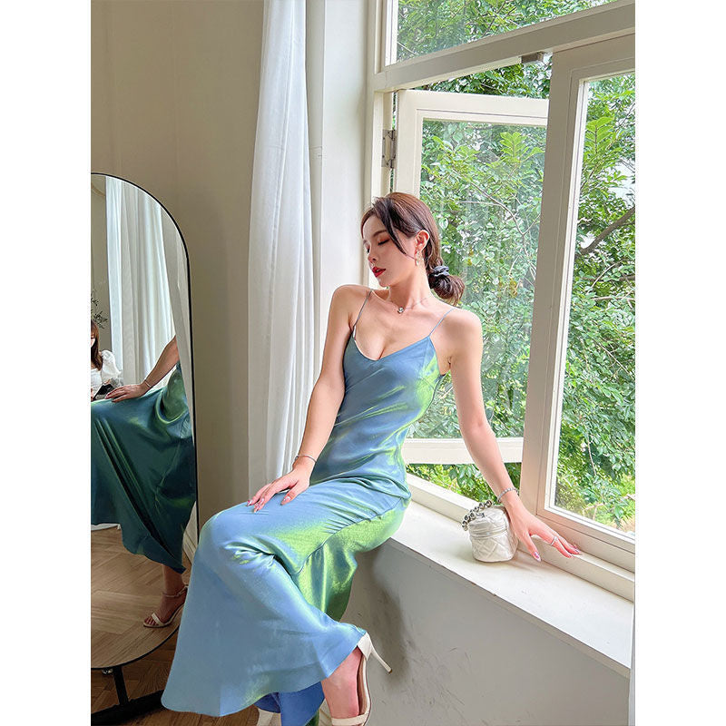 binfenxie-shop dresses Same Day Delivery Summer New Green Mermaid Sling Super Long Dress Smooth Draping Slim Dress