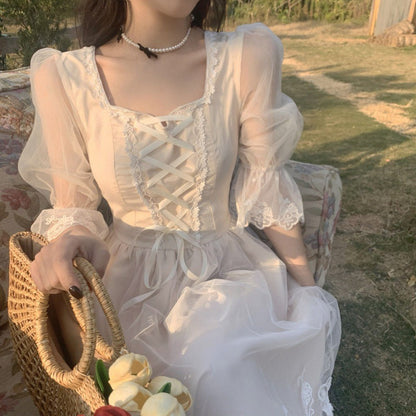 binfenxie-shop detective vs suspect dress to impress 2024 Spring and Summer New First Love Series Gentle Dress Tea Break French Temperament White Dress Fairy Super Fairy Mori