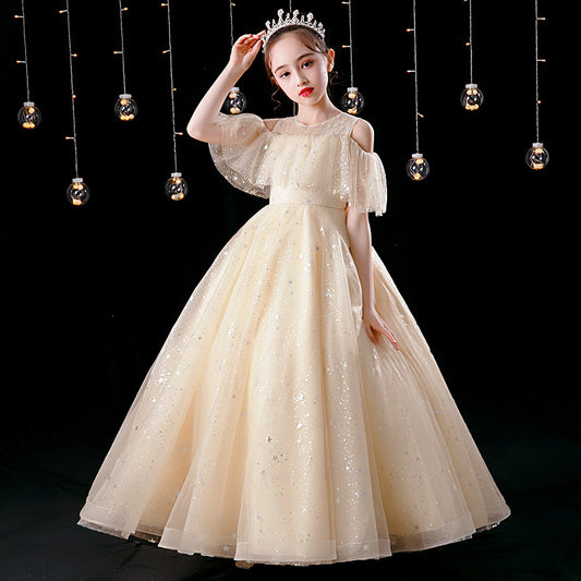 Girls' Summer New Elegant Long Dress Dress Princess Dress Children's Summer Clothing High-End Champagne Piano Performance