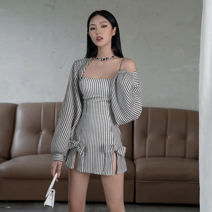 binfenxie-shop dresses Autumn Fashion Trendy Women's Clothing New Strap off-Shoulder Slim Hip Striped Dress