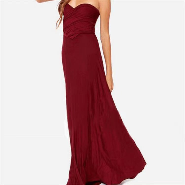 pure color various wearing methods sexy strappy red dress long dress bridesmaid dress