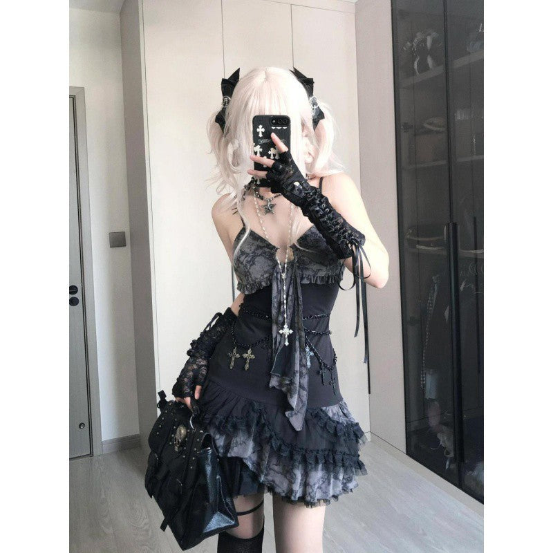 binfenxie-shop y2k outfits Summer Fashion Hot Girl Asian Culture Slimming Contrast Color Suspender Skirt New Design Sense Lace Stitching Dress Women