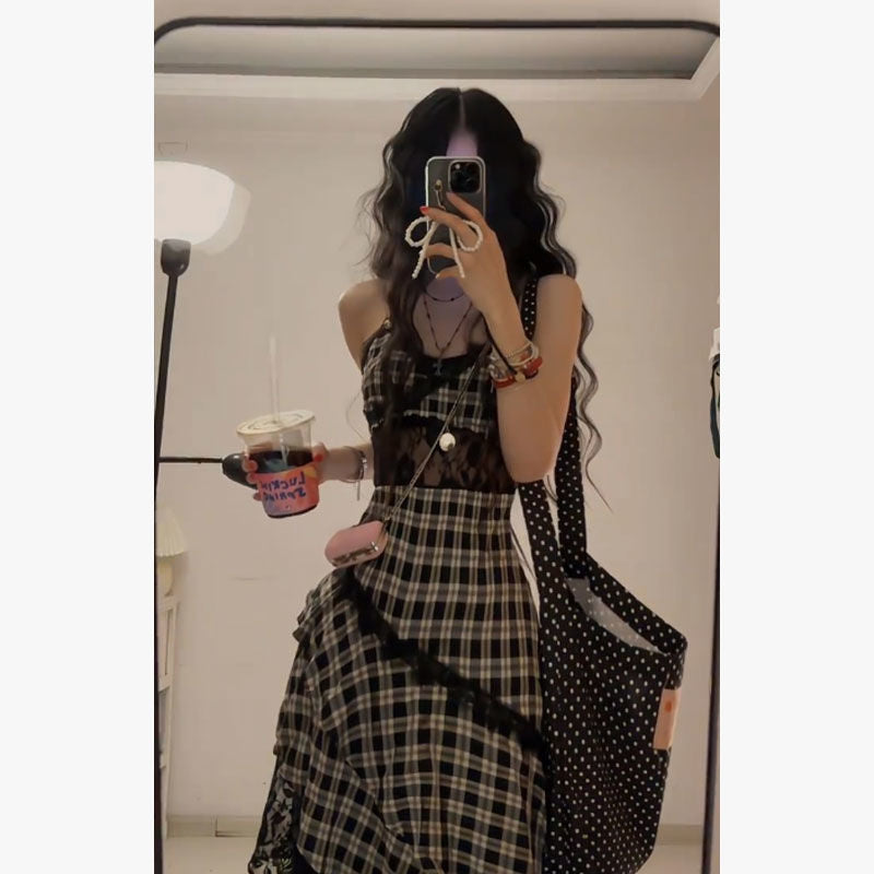 binfenxie-shop harajuku fashion dress to impress Black and White Plaid Lace Stitching Dress Irregular Strap Dress Women's Summer Jeans Stacked Hot Girl Skirt