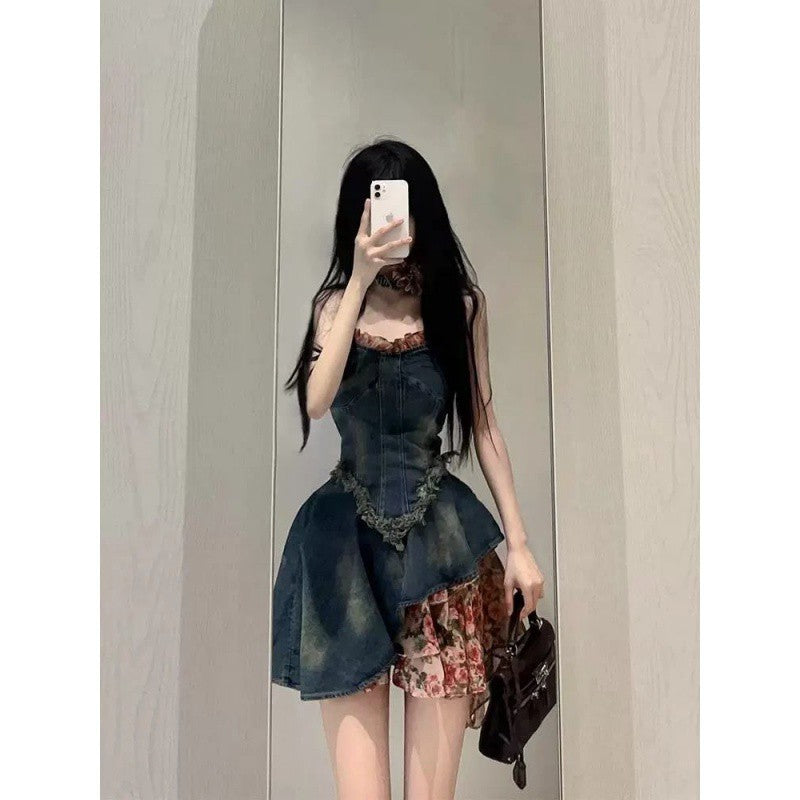 binfenxie-shop fall 2024 fashion trends French Style Sweet Hot Girl Tube Top Denim Dress Women's Summer High-Grade Waist Slimming Pettiskirt Small