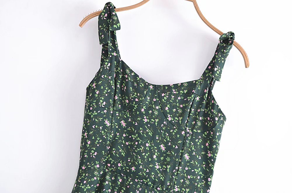 binfenxie-shop indie dress to impress Summer French Style Retro Dark Green Small Floral Slim Waist Long Sling Dress