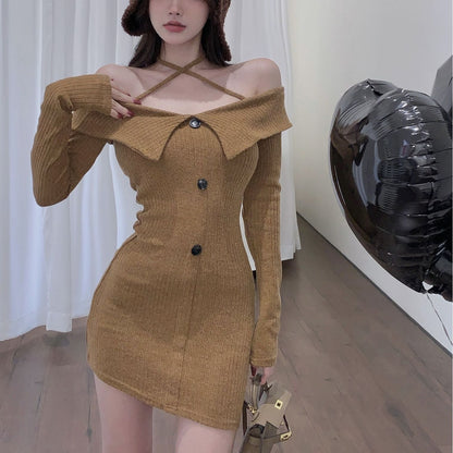 binfenxie-shop outfit inspo Autumn and Winter New Pure Desire Style Sexy off-Shoulder Halter off-the-Collarbone Slim Knit Long Sleeve Dress