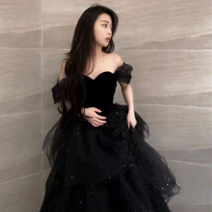 binfenxie prom dresses Black Evening Dress New Light Luxury Niche High-End off-Shoulder Adult Ceremony Birthday Graduation Princess Dress