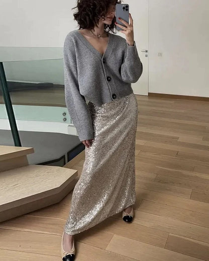 binfenxie-shop outfit ideas 2024 New Fashion High Waist Slimming Sequined Skirt Women's Elastic Waist Stretch Straight Dress