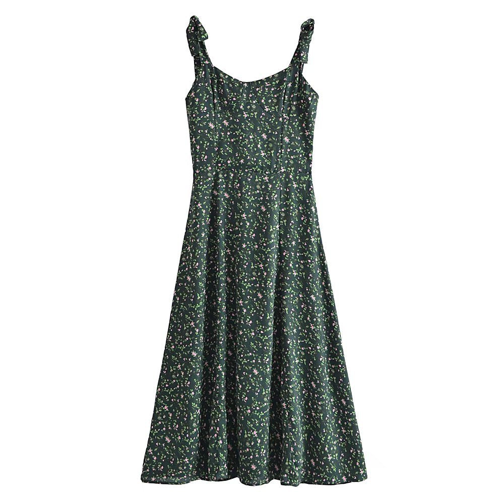 binfenxie-shop indie dress to impress Summer French Style Retro Dark Green Small Floral Slim Waist Long Sling Dress