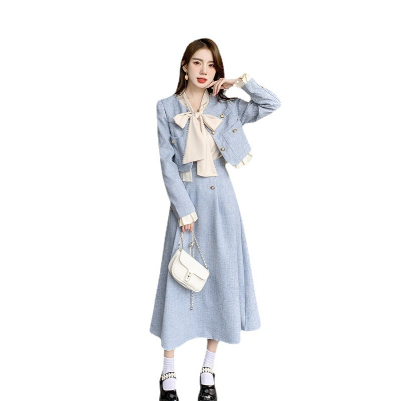 binfenxie-shop work outfits women French Style Chanel Style Elegant Socialite Western Style Blue Dress Two-Piece Suit New Women's Autumn