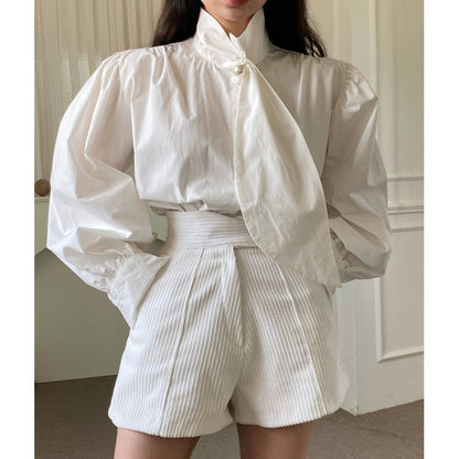 binfenxie-shop fruitful fashion dress to impress Chic Autumn French Elegant Pearl Button Puff Sleeve Shirt + Irregular High Waist Shorts Suit