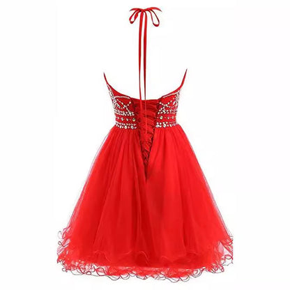 binfenxie-shop dresses Slim-Fit Small Dress Halter Short Bridal Wedding Dress Banquet Evening Dress Lace New Red Women