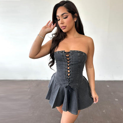 binfenxie-shop harajuku dress to impress Dress Women's Zipper Lace-up Chest Wrap Sexy Hot Girl Denim Short Ruffle Skirt