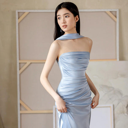 binfenxie-shop cherry blossom dress to impress Blue Evening Dress for Women New French Tube Top Engagement Dress Dinner Bridal Morning Gown