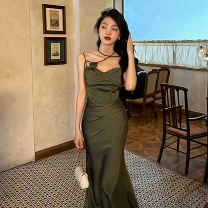 binfenxie-shop party dresses Satin Sling Dress Women's Early Spring New Slimming Slim High-Grade Long Dress