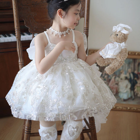 Lolita Girl's Big Trailing Princess Dress Flower Girl Wedding Dress Puffy Suspender Dress Children's Performance Dress