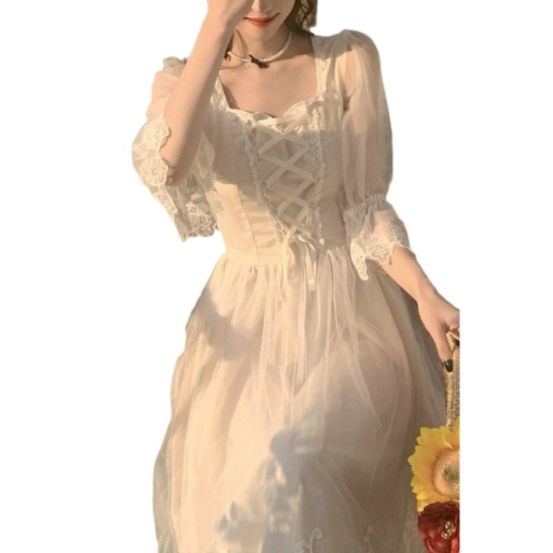 binfenxie-shop detective vs suspect dress to impress 2024 Spring and Summer New First Love Series Gentle Dress Tea Break French Temperament White Dress Fairy Super Fairy Mori