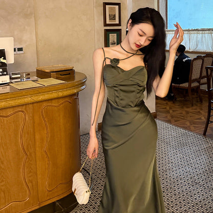 binfenxie-shop party dresses Satin Sling Dress Women's Early Spring New Slimming Slim High-Grade Long Dress