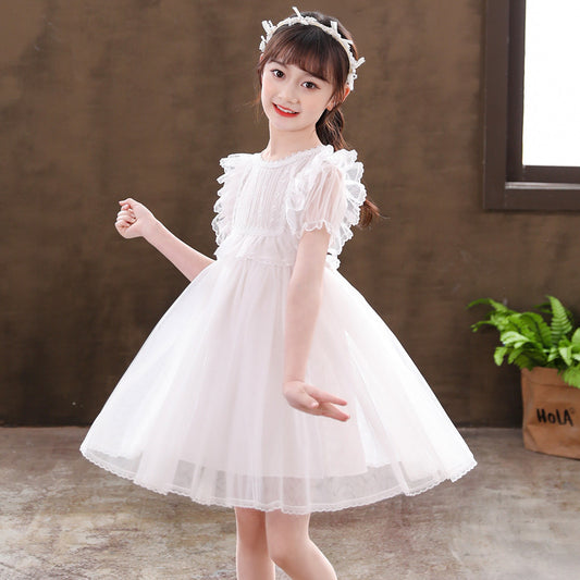 Girls' Dress Summer Red New Style Lace Short Sleeve Princess Dress Children's Day Student Choral Performance Dress