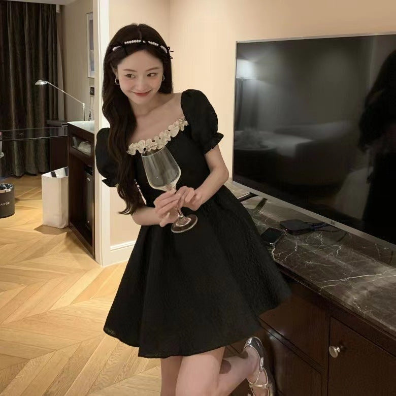 binfenxie-shop 2000s fashion Holiday Photography French Style Backless Bow Skirt Square Collar Puff Sleeve Dress Tight Waist Small Fluffy Skirt