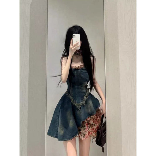 binfenxie-shop fall 2024 fashion trends French Style Sweet Hot Girl Tube Top Denim Dress Women's Summer High-Grade Waist Slimming Pettiskirt Small