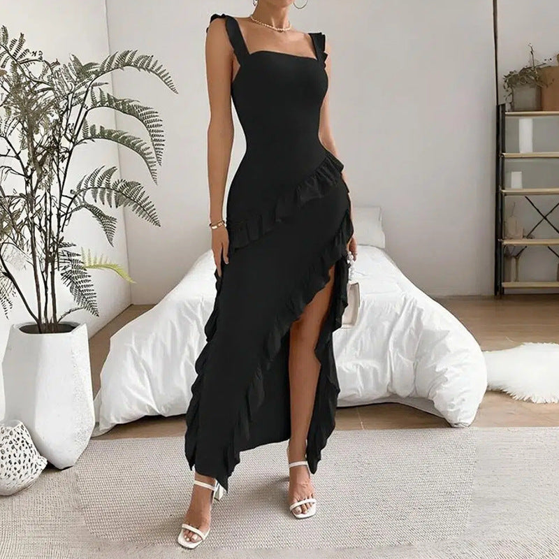 binfenxie-shop movie premiere dress to impress Summer New Women's Fashion Sexy Stitching Sling Slim Ribbon Wooden Ear High Slit Sling Dress Women