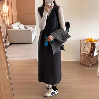 binfenxie-shop dress to impress outfits V-neck Long Vest Sleeveless Sweater Dress Women's Autumn and Winter Loose Belly Covering Temperament Mid-Length Knitted Skirt