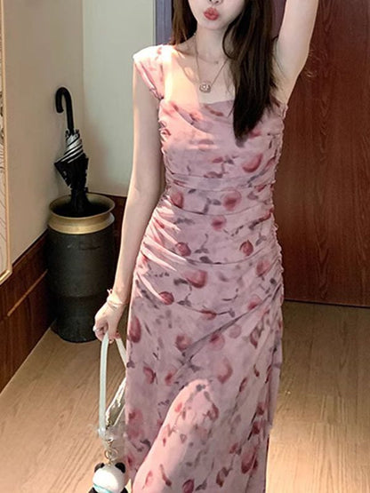 Pink sling floral dress for women summer  new long style slim fit waist long dress