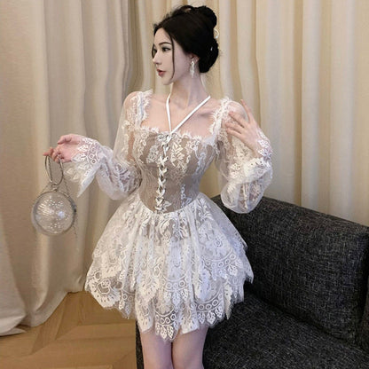 binfenxie-shop dress to impress Autumn Sexy Halter Long Sleeve Waist Lace Cake Dress