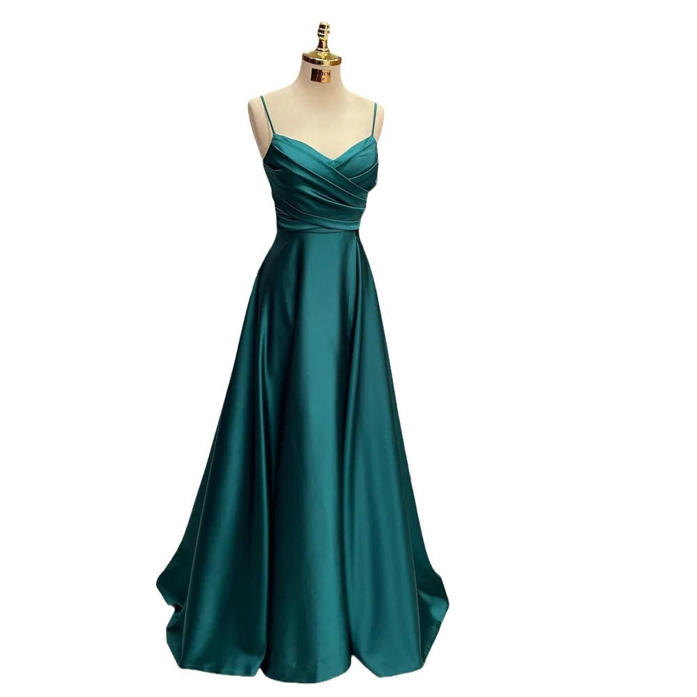 binfenxie-shop prom dresses 2024 New Dark Green Formal Dress V-neck Pleated Wedding Party Dress Suspender Style Special Occasion Dress