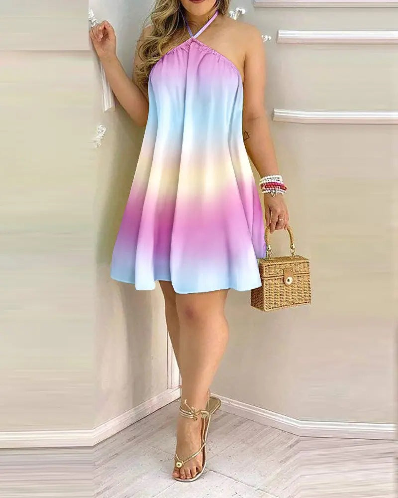 2024 New  Hot Summer Printing off-Shoulder Halter Lace-up Loose Women's Wear Dress Women