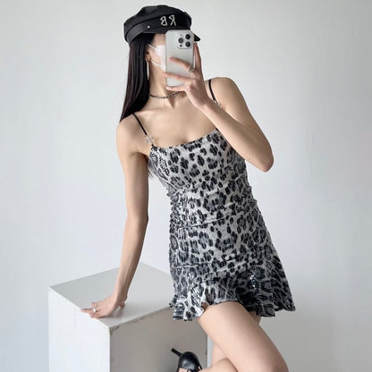 binfenxie outfit inspo Summer New Leopard Print Hot Girl Sexy Sequined Hip Irregular Hem Sling Dress