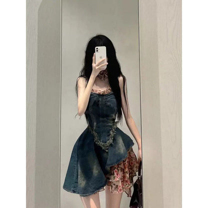 binfenxie-shop fall 2024 fashion trends French Style Sweet Hot Girl Tube Top Denim Dress Women's Summer High-Grade Waist Slimming Pettiskirt Small