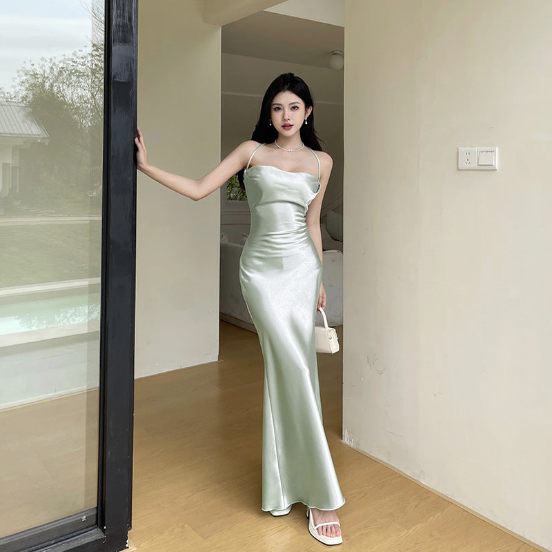 binfenxie-shop prom dresses Diagonal Cut Crystal Satin Backless Sling Dress Strap Sexy Slim Dress