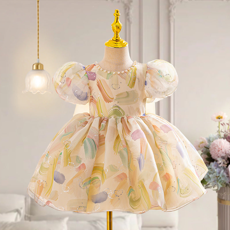 Factory Direct Sales Puff Sleeve Bow Girls Dress Summer Baby Full-Year Birthday Banquet Girls Princess Dress