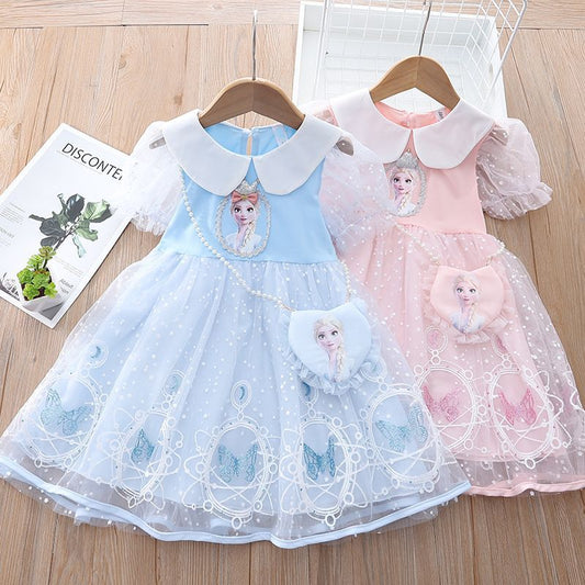 Girl's Princess Elsa Dress Summer Clothes  Little Girl Frozen Dress Baby Short Sleeve Yarn Skirt