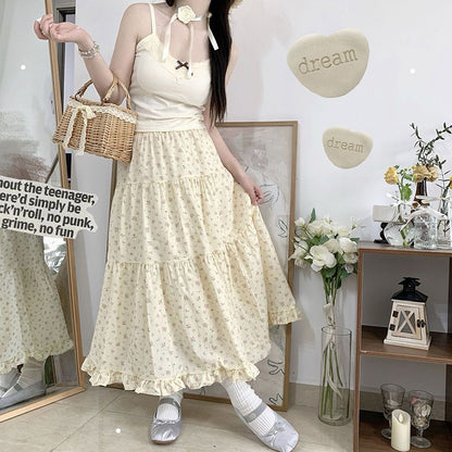 binfenxie 90s fashion Young-Looking Wooden Ear Small Fresh Floral Skirt Women's Japanese Soft Girl Niche Super Sweet Stitching Cake Dress