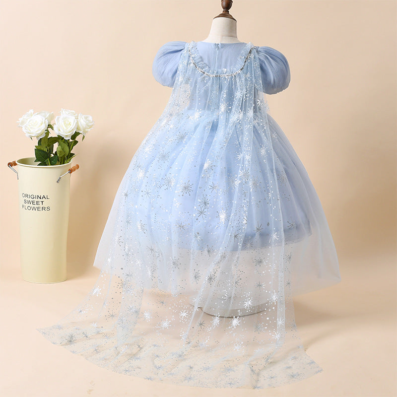 New Ice Princess Children's Full Dress Short Sleeve Mesh Performance Girl Dress Elsa Cloak Girl Princess Dress