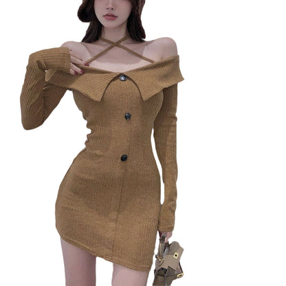 binfenxie-shop outfit inspo Autumn and Winter New Pure Desire Style Sexy off-Shoulder Halter off-the-Collarbone Slim Knit Long Sleeve Dress