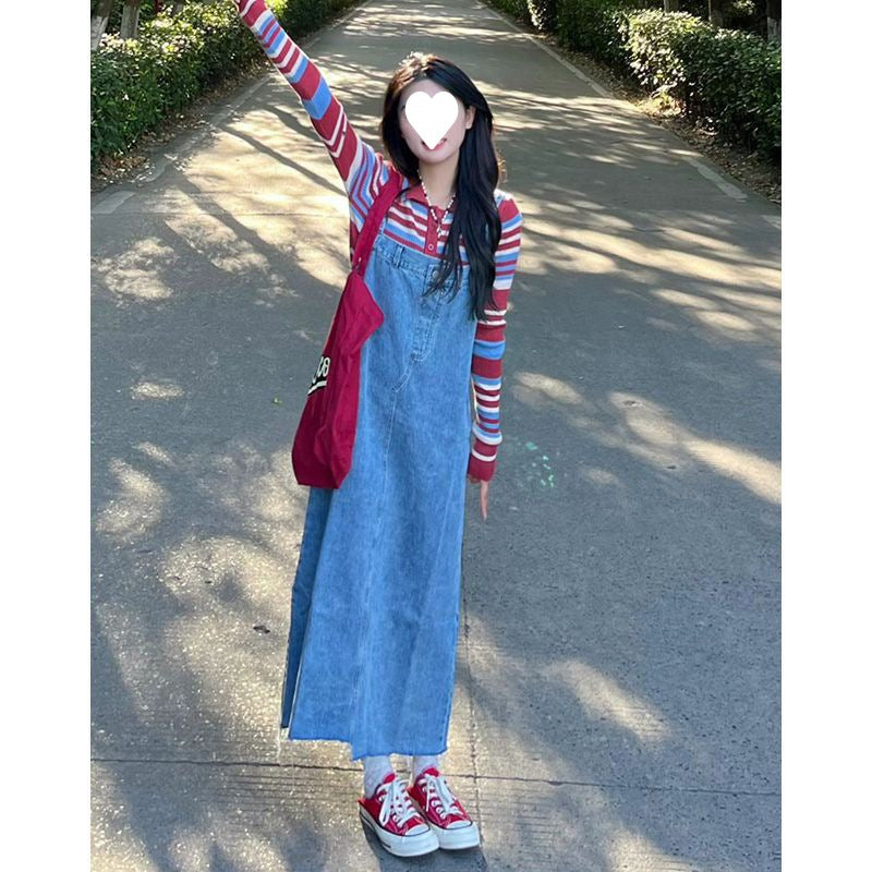 binfenxie-shop 90s fashion Spring Denim Suspender Skirt Two-Piece Suit Female Sweet Gentle Korean Drama French Chanel Style Dress