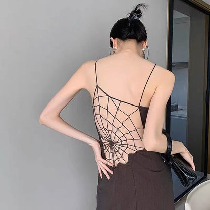 binfenxie-shop villian dress to impress outfit Pure Sexy Hot Girl Design Backless Spider Web Hollow-out Dress Suspender Dress