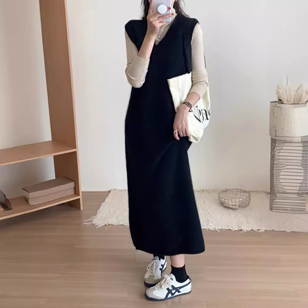 binfenxie-shop dress to impress outfits V-neck Long Vest Sleeveless Sweater Dress Women's Autumn and Winter Loose Belly Covering Temperament Mid-Length Knitted Skirt