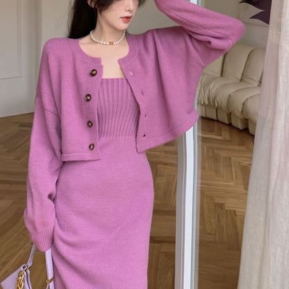 binfenxie-shop korean fashion Korean Style Chanel Style Knitted Cardigan Sweater for Women 2024 Autumn and Winter New Elegant Strap Dress Two-Piece Suit