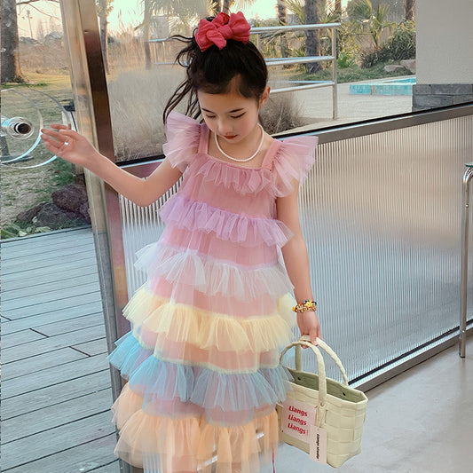 Girls' Dress Summer  New Girls' Western Style Tulle Tutu Skirt Princess Dress Summer Clothes Children's Net Red Dress