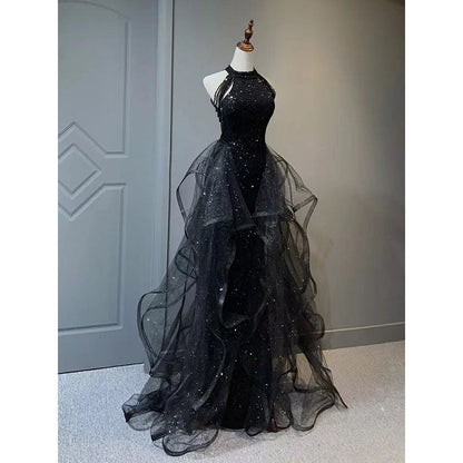 binfenxie-shop witch dress to impress Black Evening Dress for Women 2024 New Light Luxury Niche High-End High-End Sense Trailing Birthday Party Host Adult Ceremony