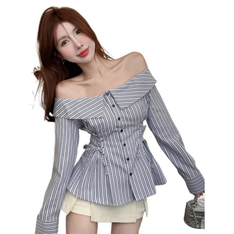 binfenxie-shop dresses Hot Girl Style Striped Shirt Girls' Spring and Autumn off-Neck Slim Waist Shirt Chic Lace-up Long Sleeve T-shirt Shirt