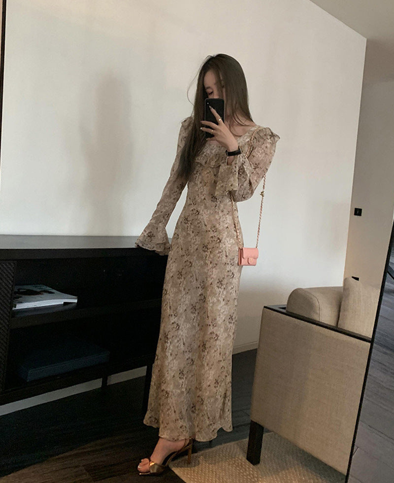 binfenxie-shop dresses French Retro Floral Chiffon Dress Women's Summer Slimming Ruffled Bell Sleeve Long Dress