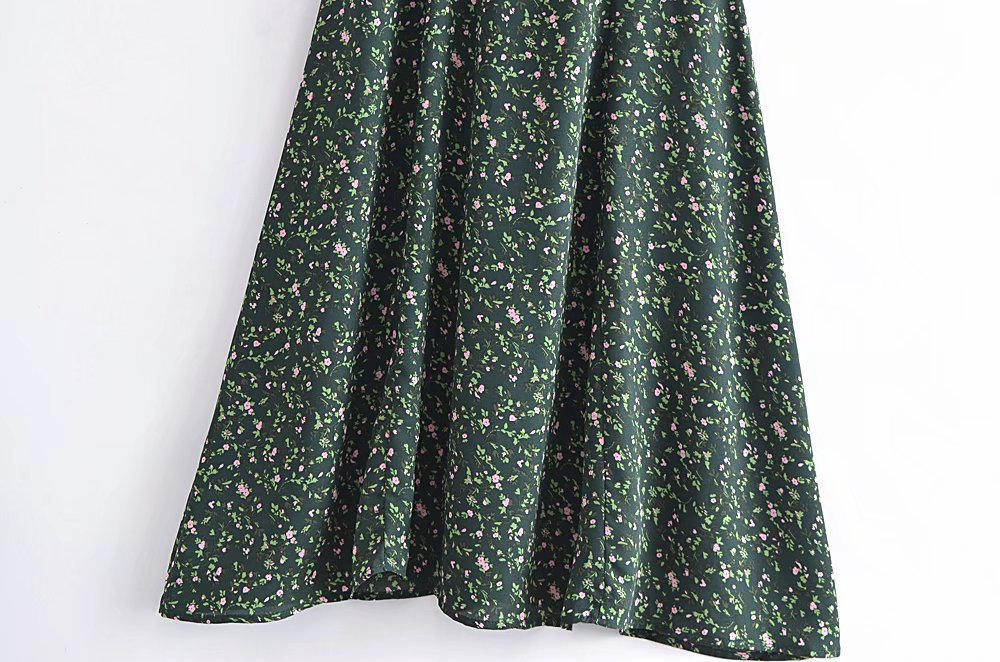 binfenxie-shop indie dress to impress Summer French Style Retro Dark Green Small Floral Slim Waist Long Sling Dress